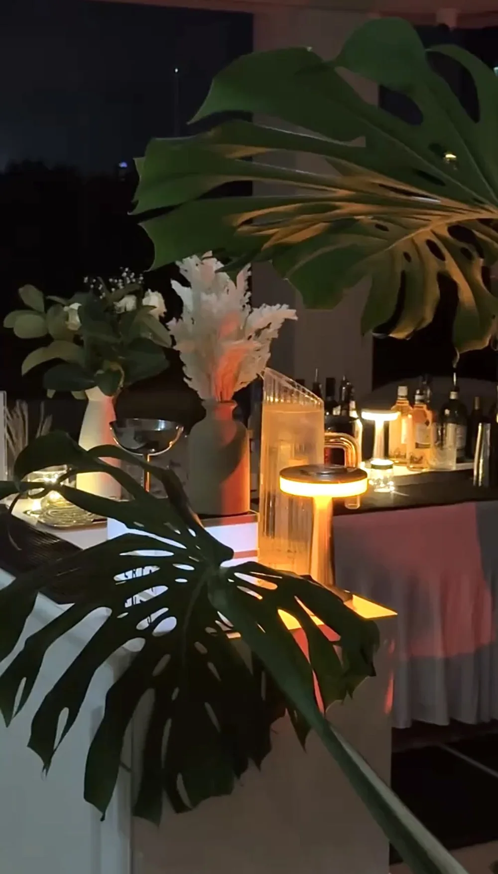 Mobile bar with lighting, plants and decorations