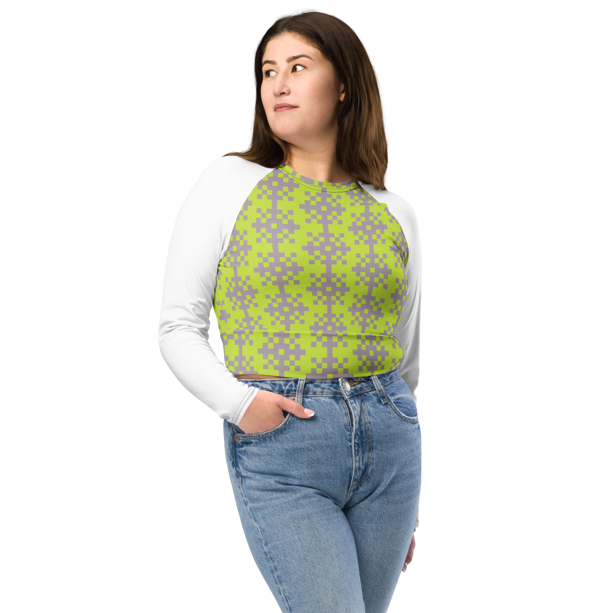 Recycled long-sleeve crop top - Lego Print Green