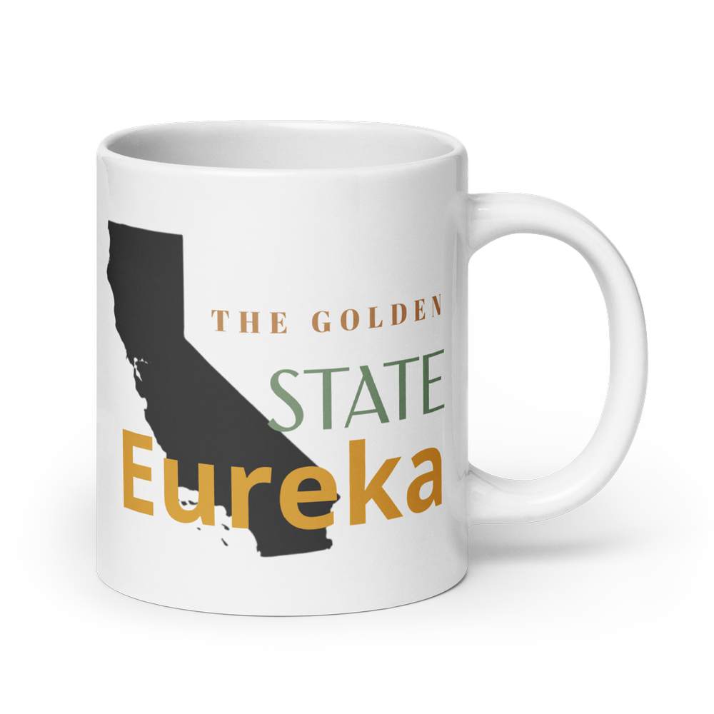 White coffee mug with black silhouette of California and the text 'The Golden State Eureka' in gold, green, and orange colors, against a black background.