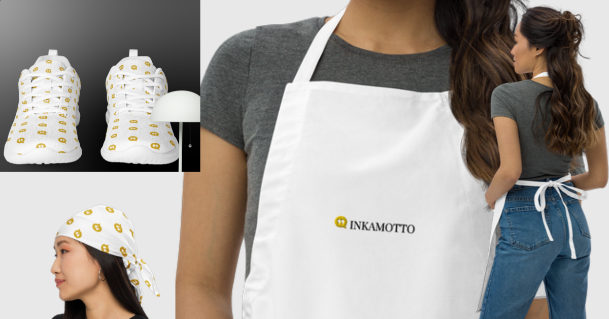 Collage of a woman wearing a white apron with the text 'INKAMOTTO' and a logo, white sneakers with yellow smiley faces, a woman wearing a matching headscarf, and a small white lamp.