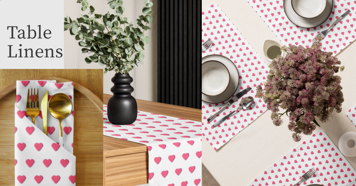 Collection of table linens featuring pink hearts on white backgrounds, arranged with cutlery, plates, and flowers for table setting.