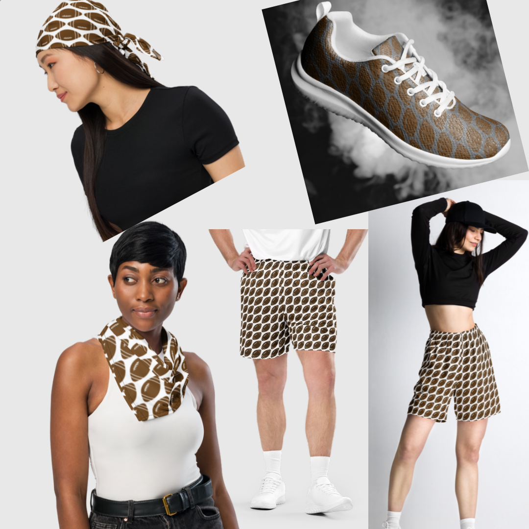 Collage of models wearing brown and white patterned clothing and accessories, including shorts, a skirt, a neck scarf, and sneakers.