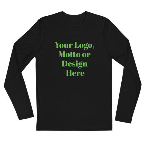 Black long-sleeve shirt with text 'Your Logo, Motto or Design Here' in green