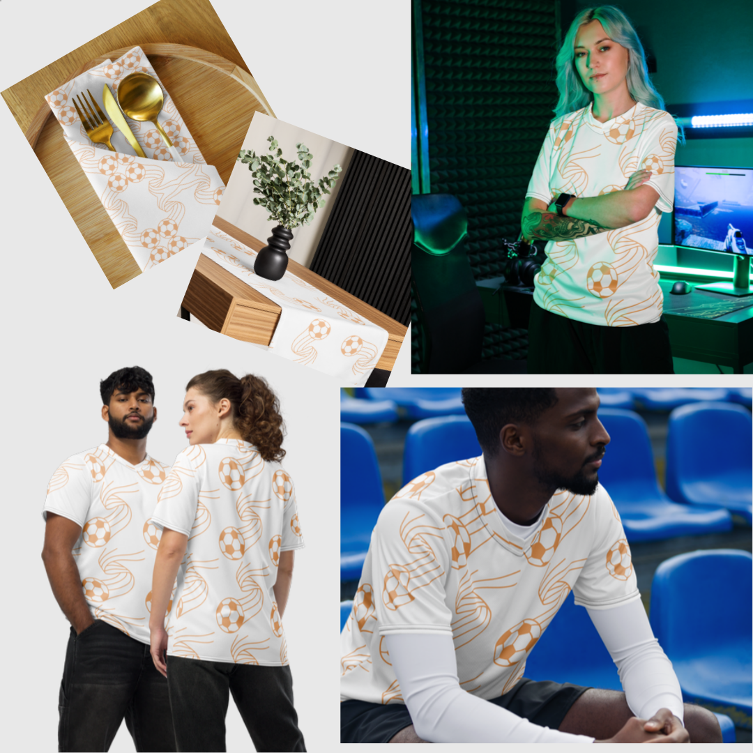 Collage of four images featuring people and decor, all wearing matching white shirts with orange soccer ball patterns.