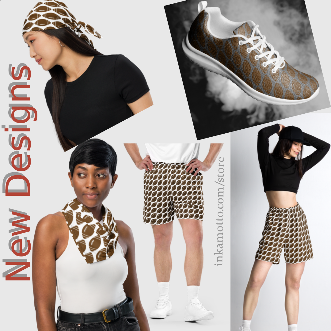 Collection of fashion items featuring all-over-print football pattern, including a headscarf, neck scarf, sneakers, and shorts. Text reads "New Designs" and a URL "inkarnotto.com/store" is present.