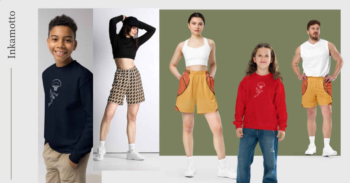 A collage of five people with different backgrounds and clothing styles, standing against various plain backgrounds.