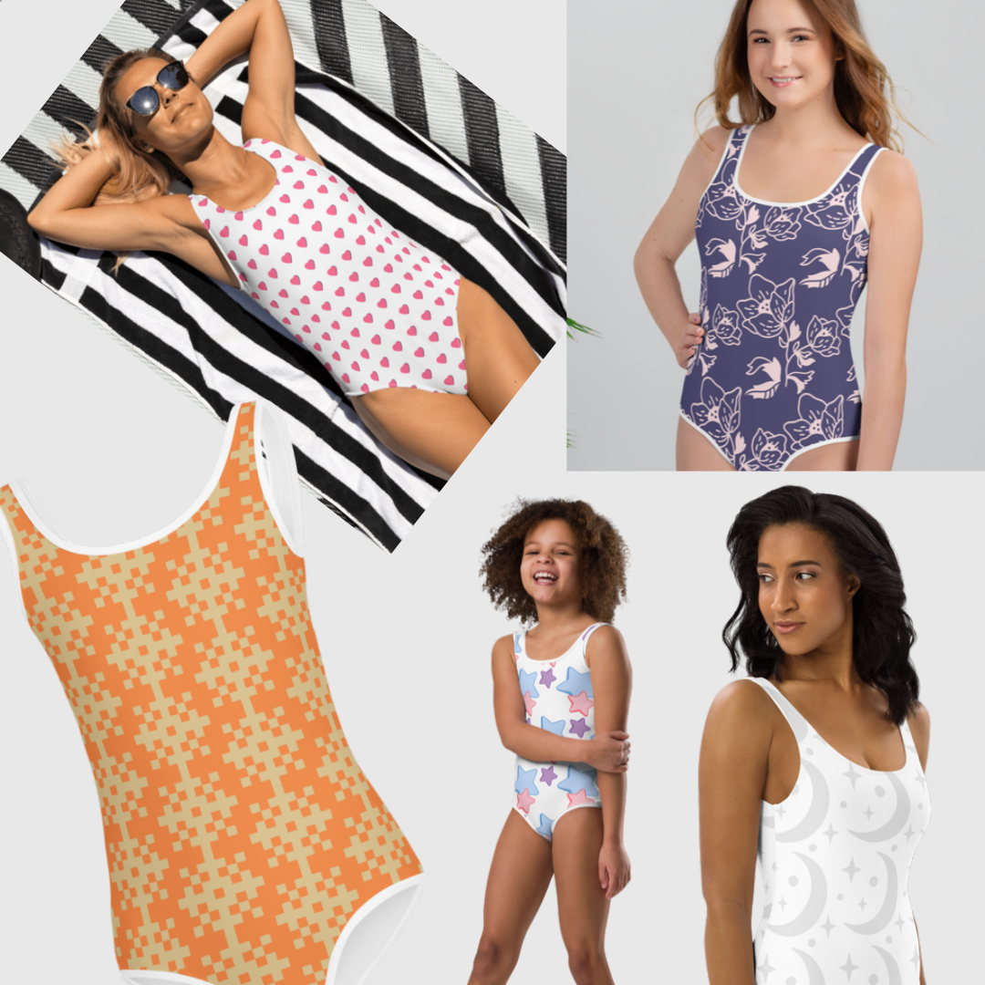 Collection of four women wearing various patterned swimsuits, including polka dots, floral, stars, and moon designs. One woman is sunbathing on a black and white striped towel, another is smiling with hand on hip, a third stands with arms crossed, an