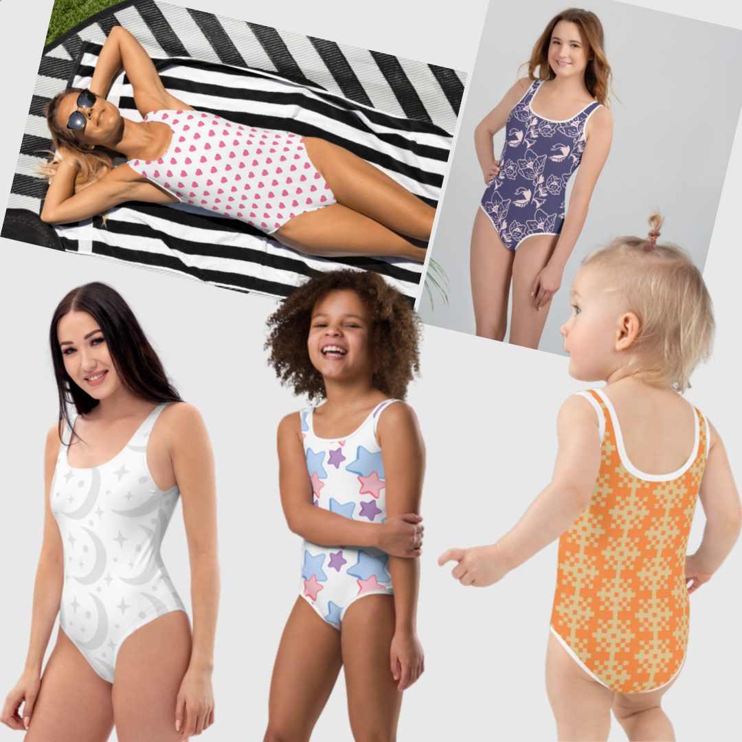 Five women and girls wearing colorful swimsuits and bathing suits, with some posing and others lying on a striped towel.