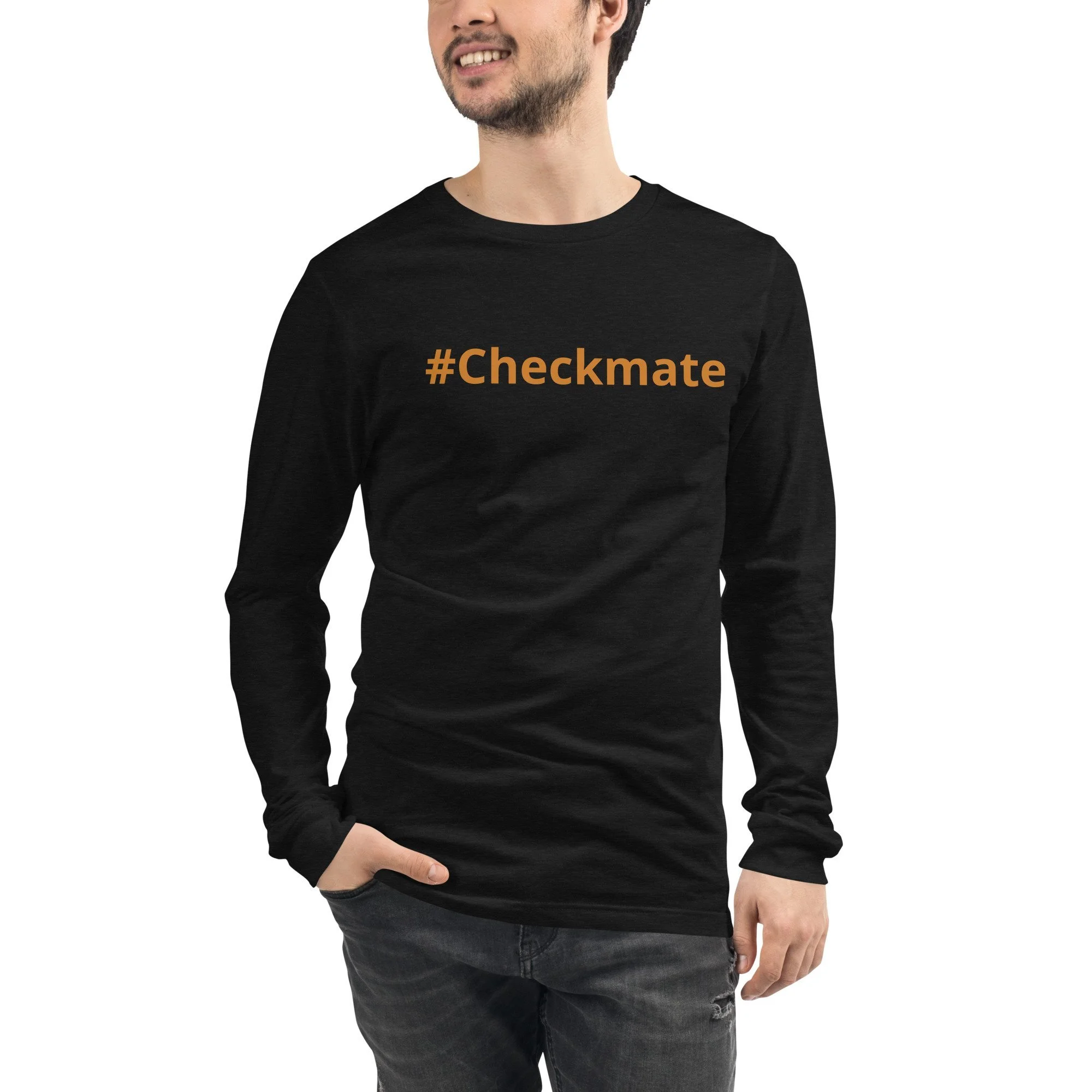 Person wearing a black long-sleeve shirt with '#Checkmate' printed in orange. Wearing a  motto claiming the victory  in all circumstances and inspiring others to do the same.