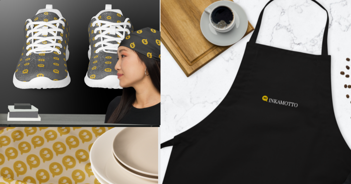 Collage of four images: a pair of custom black and yellow sneakers, a woman wearing a black cap with yellow symbols, a black apron with "INKAMOTTO" logo next to a cup of coffee on a wooden tray, and beige plates with a yellow pattern.