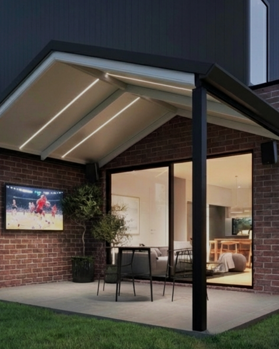 Patio entertainment area with TV and sound system