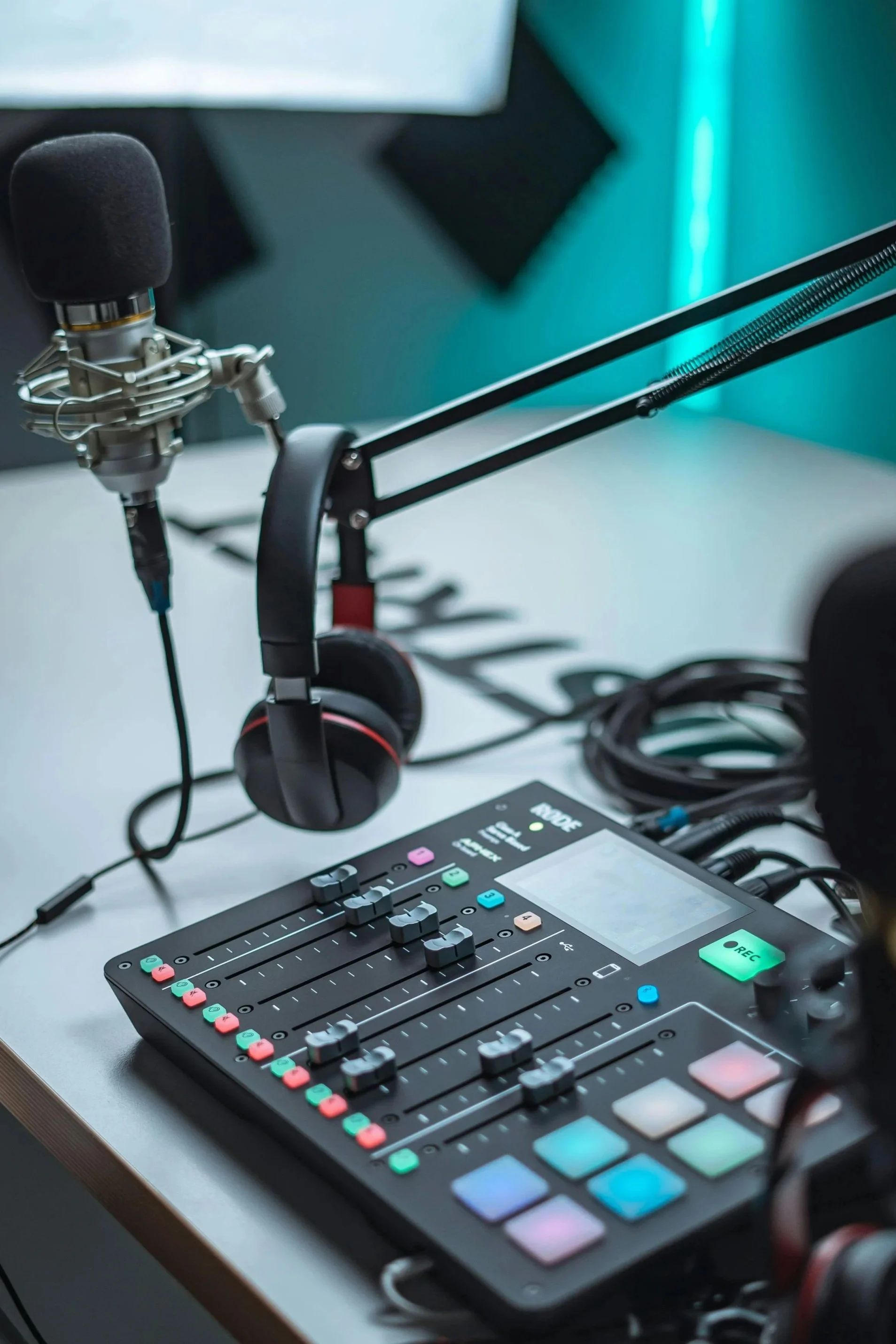 Podcasting studio with Rodecaster and 4 microphones