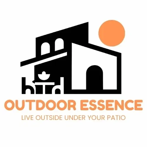 Logo for Outdoor Essence featuring a stylized house, outdoor furniture, and a sun, with tagline 'Live Outside Under Your Patio'