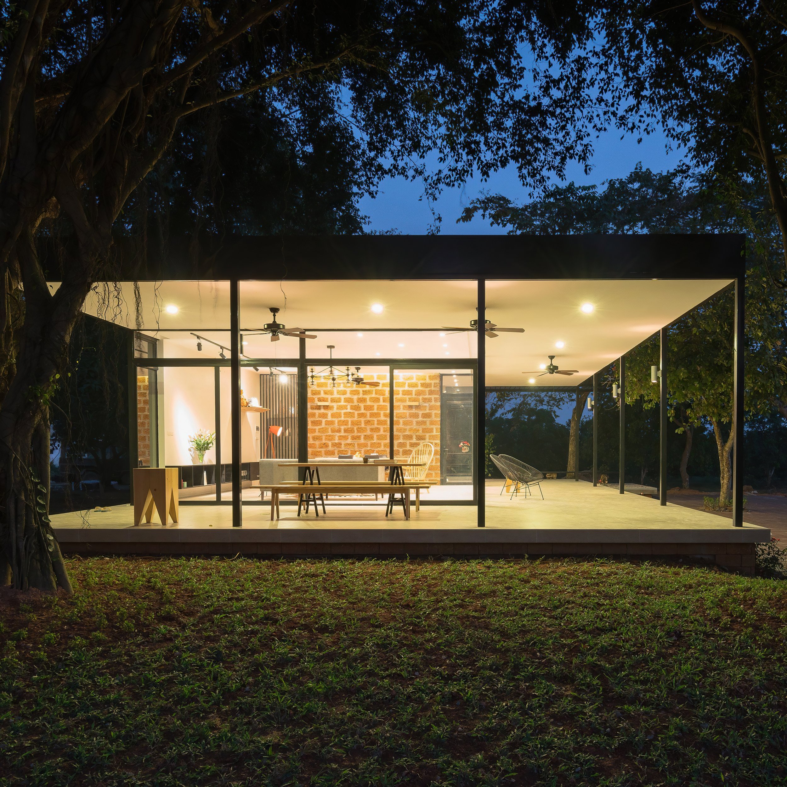 Outdoor patio setting with electrical components, fans, lights power