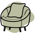A single armchair with a cushion in a dark-colored room.