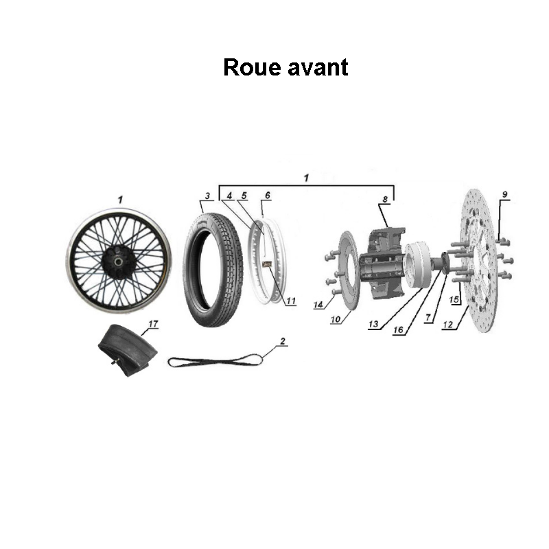 Schéma de la roue avant, pièce détachée d'origine Ural Motorcycle pour sidecar via Moto Side Aventure (concessionnaire side-car Ural)