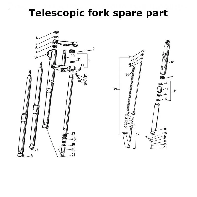 Diagram of the telescopic fork spare parts, original Ural carburetor sidecar models, via Moto Side Aventure, Ural sidecar dealer