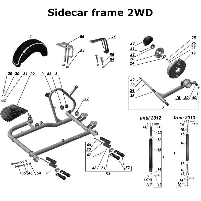 Diagram of the sidecar frame 2WD, original Ural carburetor sidecar models, via Moto Side Aventure, Ural sidecar dealer