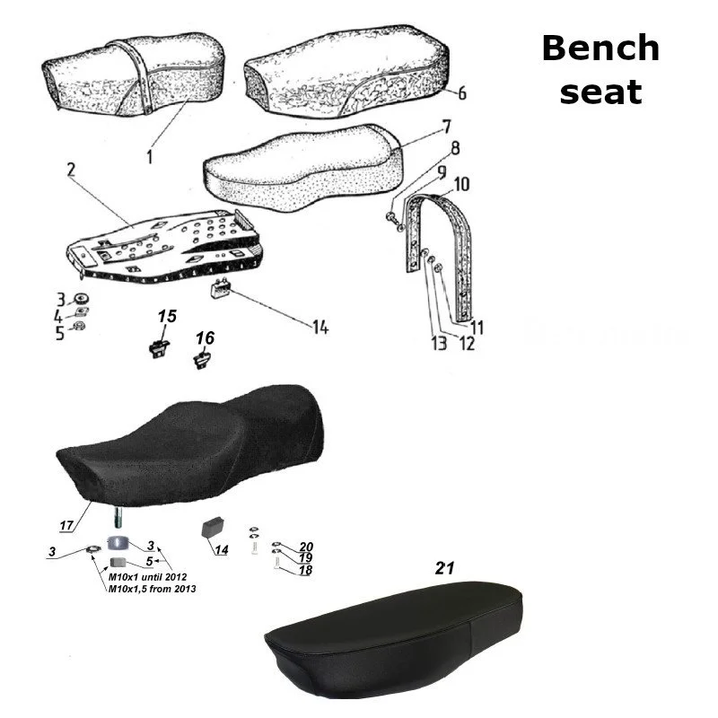 Diagram of the bench seat, original Ural Motorcycles carburetor sidecar models, via Moto Side Aventure, Ural sidecar dealer