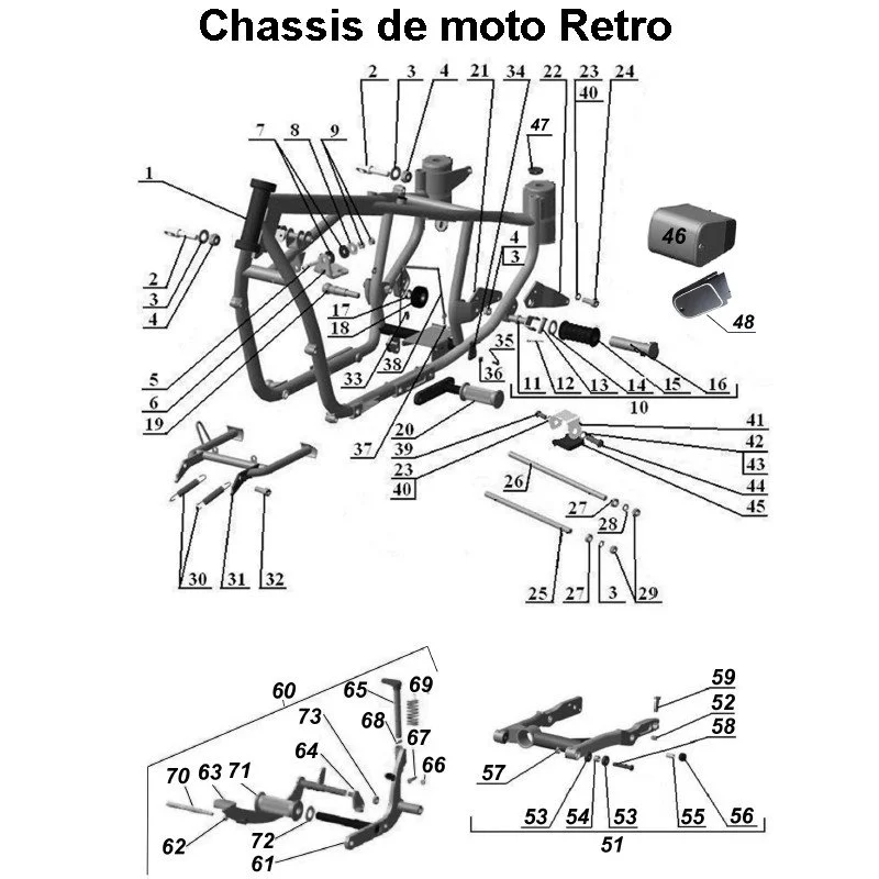 Le châssis de moto Retro pour les side-cars Ural équipés d'un moteur à carburateur.
