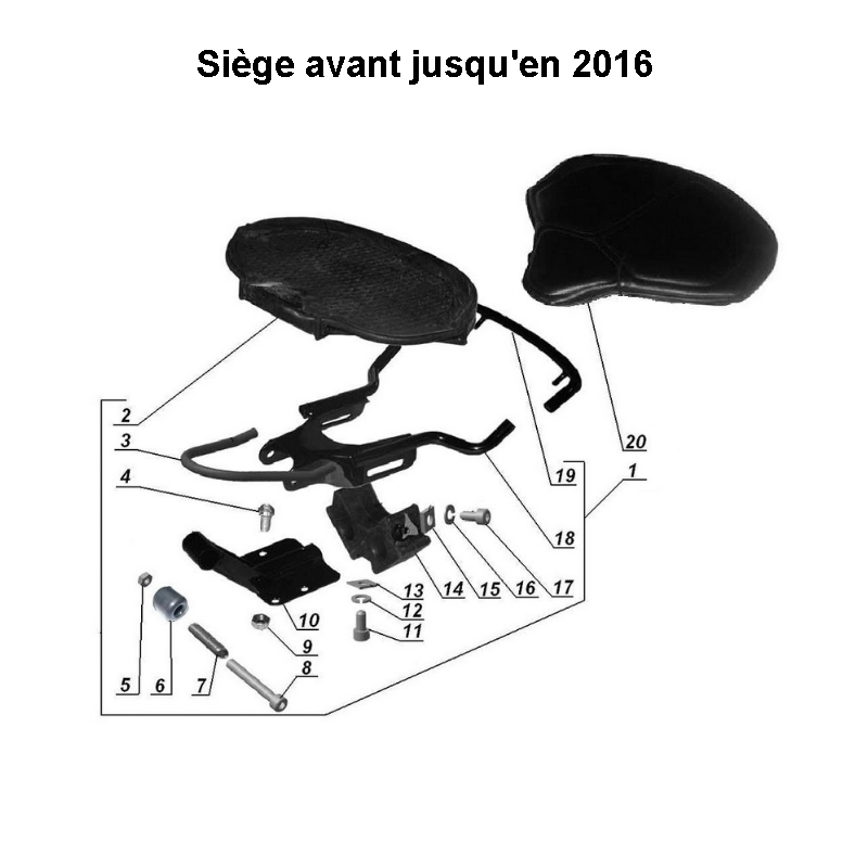 Schéma de siège avant jusqu'en 2016, pièce détachée d'origine Ural Motorcycle pour sidecar via Moto Side Aventure (concessionnaire side-car Ural)
