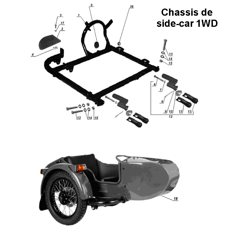 Schéma de châssis de side car 1WD, pièce détachée d'origine Ural Motorcycle pour sidecar via Moto Side Aventure (concessionnaire side-car Ural)