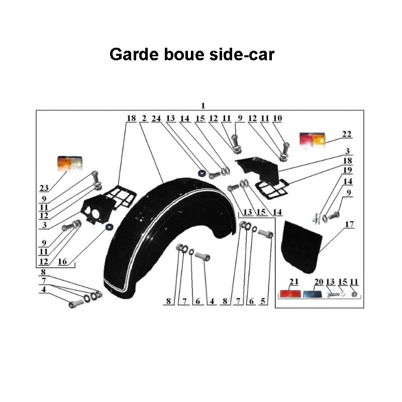Schéma du garde-boue de side car, pièce détachée d'origine Ural Motorcycle pour sidecar via Moto Side Aventure (concessionnaire side-car Ural)
