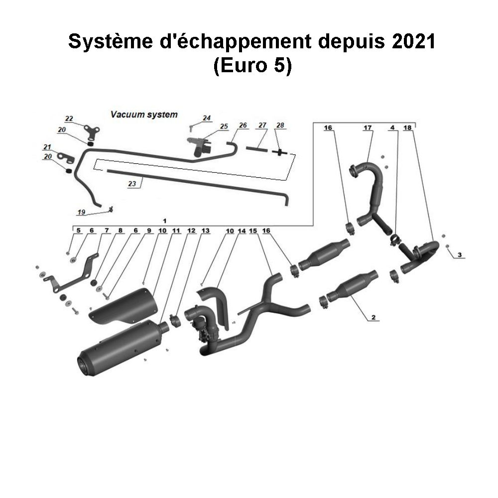 Schéma du système d’échappement depuis 2021 (Euro5), pièce détachée d'origine Ural Motorcycle pour sidecar via Moto Side Aventure (concessionnaire side-car Ural)