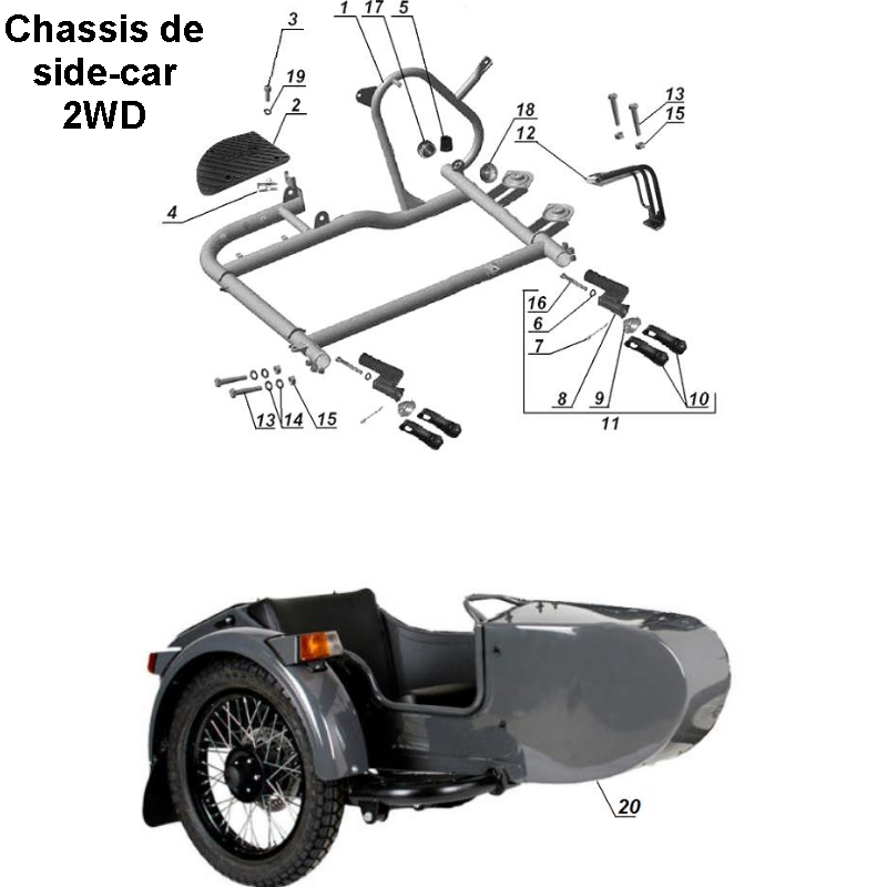 Schéma de châssis de side car 2WD, pièce détachée d'origine Ural Motorcycle pour sidecar via Moto Side Aventure (concessionnaire side-car Ural)