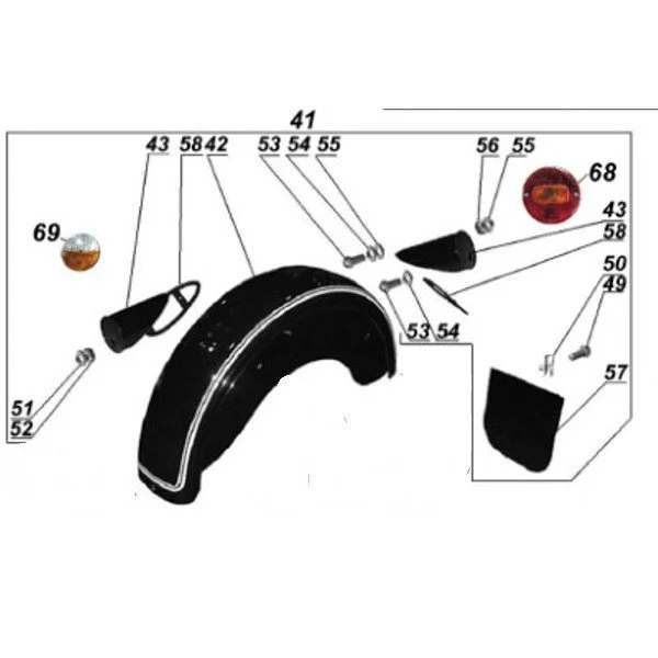 Sidecar fender assembly with rectangle lights, black for the sidecar frame Retro 1WD, original Ural carburetor sidecar models, via Moto Side Aventure, Ural sidecar dealer