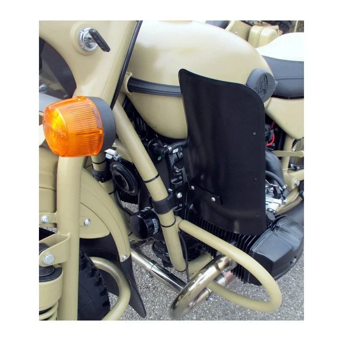 Set of leg mudguards with mounting black for leg protection, original Ural carburetor sidecar models, via Moto Side Aventure, Ural sidecar dealer