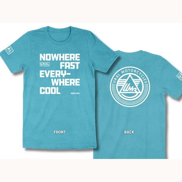 T-shirt "Nowhere Fast Everywhere Cool" bleu battleship séléction quote, vetement/life style par Ural via Moto Side Aventure (concessionnaire side car Ural)