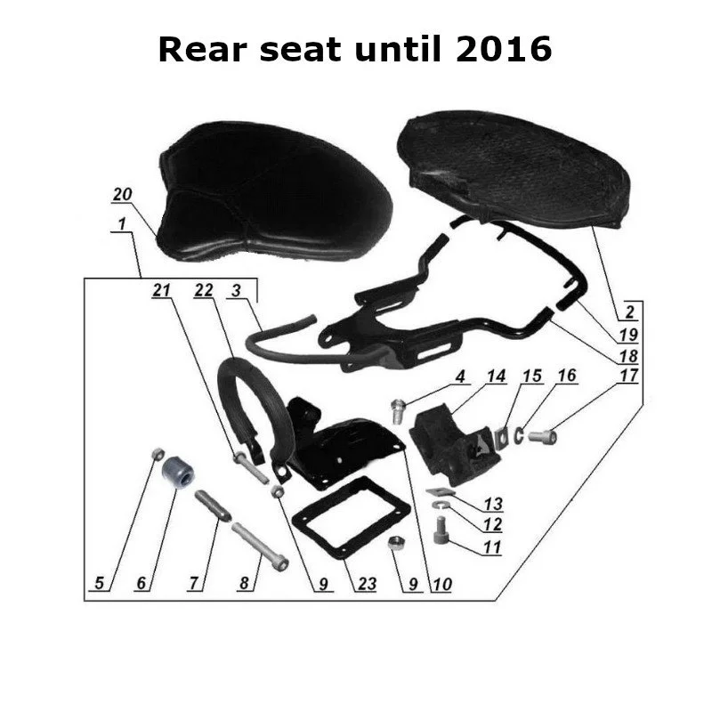 Diagram of the rear seat until 2016, original Ural Motorcycles spare part for sidecar via Moto Side Aventure (Ural sidecar dealer)