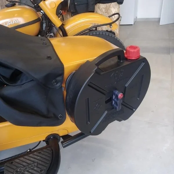 8.5 Liters Rounded Fuel Can black is an Overland accessory for Ural sidecars via Moto Side Aventure