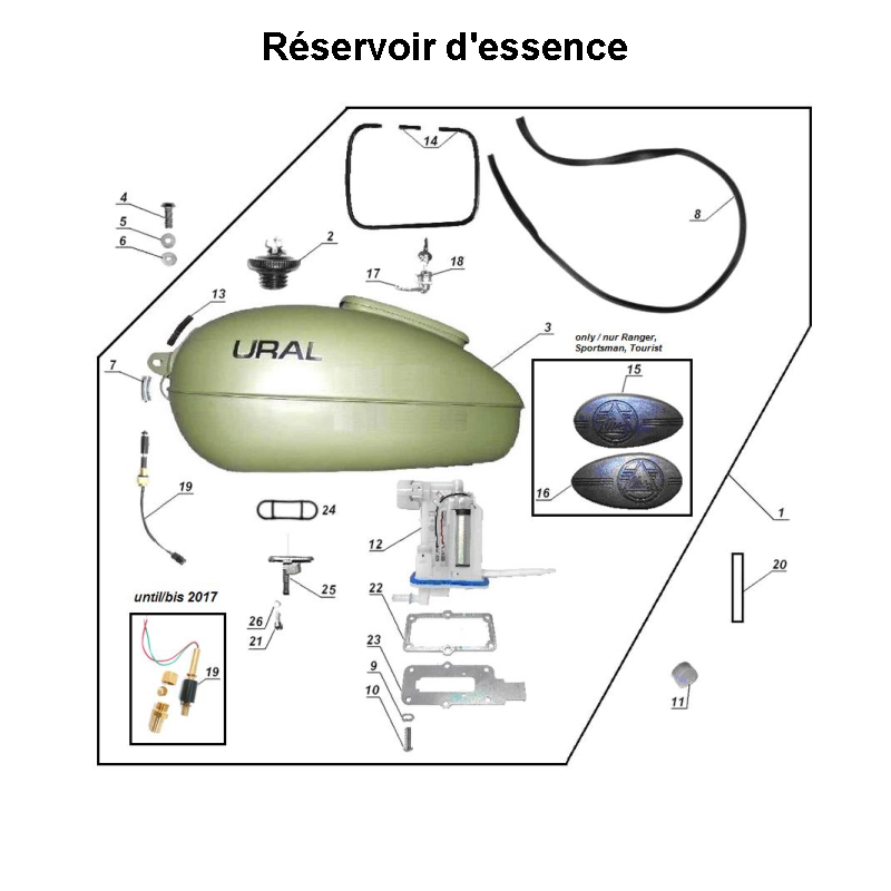 Réservoir d'essence pour les side-cars Ural Motorcycles équipés d'un moteur à injection EFI.