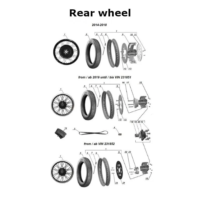 Diagram of the rear wheel, original Ural Motorcycles spare part for sidecar via Moto Side Aventure (Ural sidecar dealer)