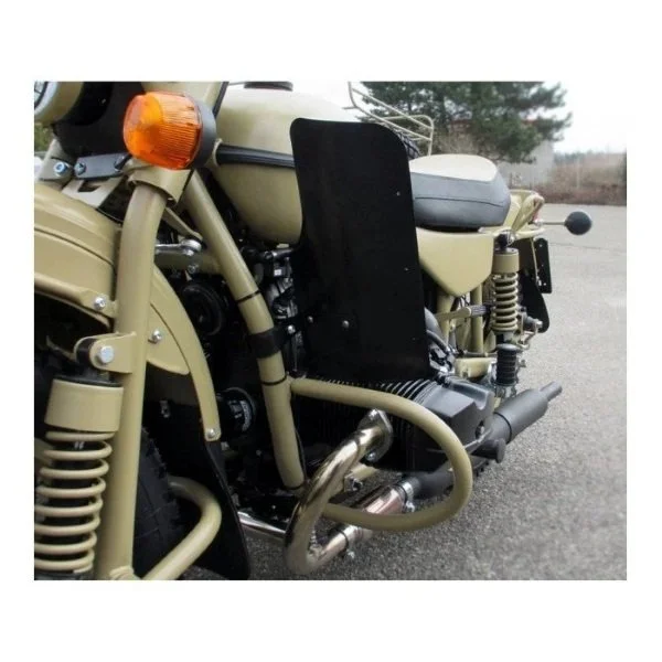 Set of leg mudguards with mounting black for leg protection, original Ural carburetor sidecar models, via Moto Side Aventure, Ural sidecar dealer