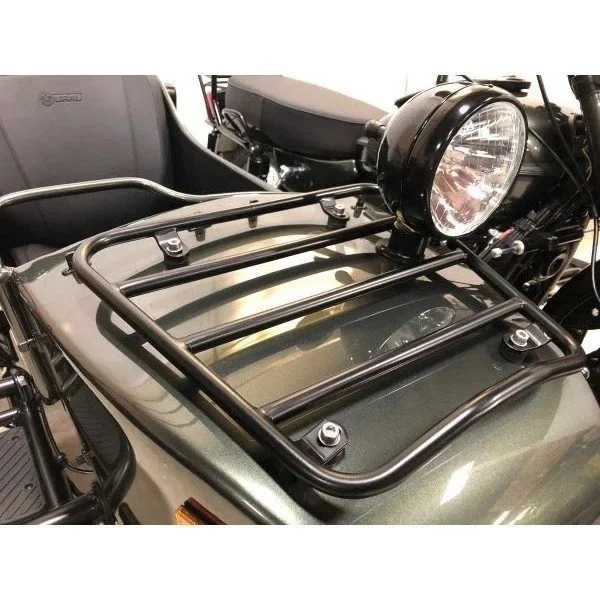 Flat black sidecar nose luggage rack (made in Germany), accessory for Ural sidecar via Moto Side Aventure (Ural sidecar dealer)