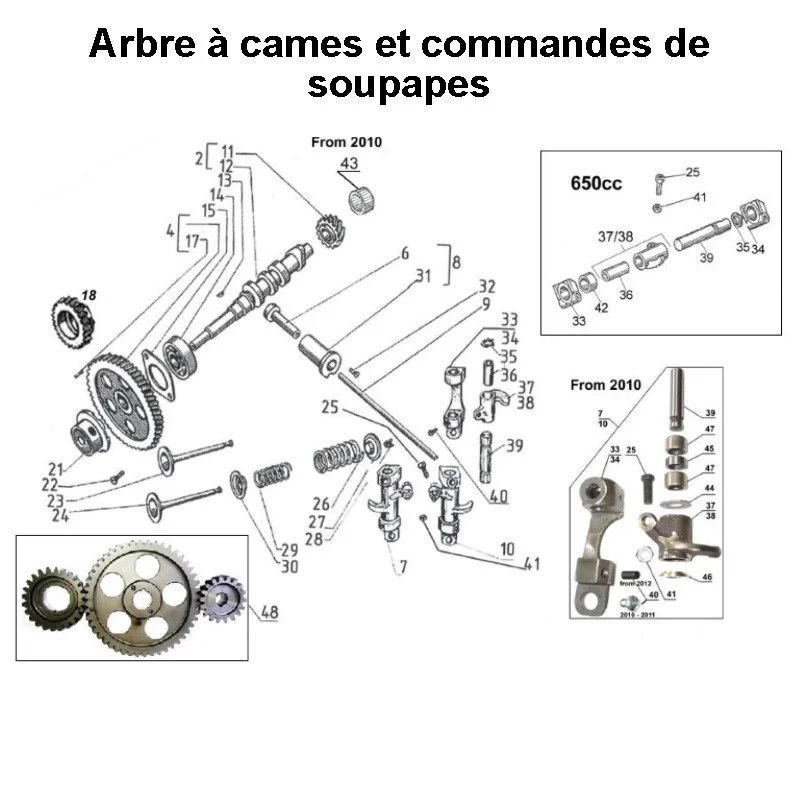Arbre à cames et commandes de soupapes pour les side-cars Ural avec un moteur à carburateur.