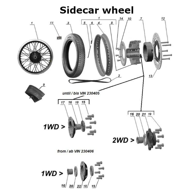 Diagram of the sidecar wheel, original Ural Motorcycles spare part for sidecar via Moto Side Aventure (Ural sidecar dealer)