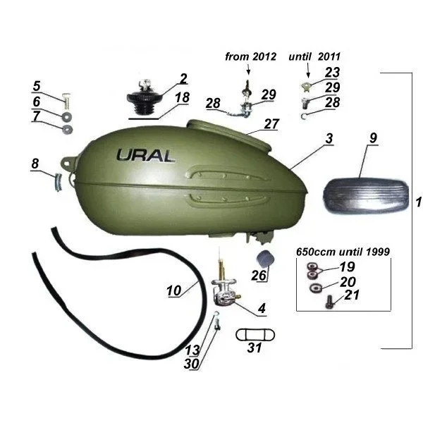 Réservoir à essence complet avec boîte à outils et robinet KP33 depuis 2000 pour réservoir d'essence pour modèles de side-cars Ural carburateur, via Moto Side Aventure concessionnaire side-car Ural
