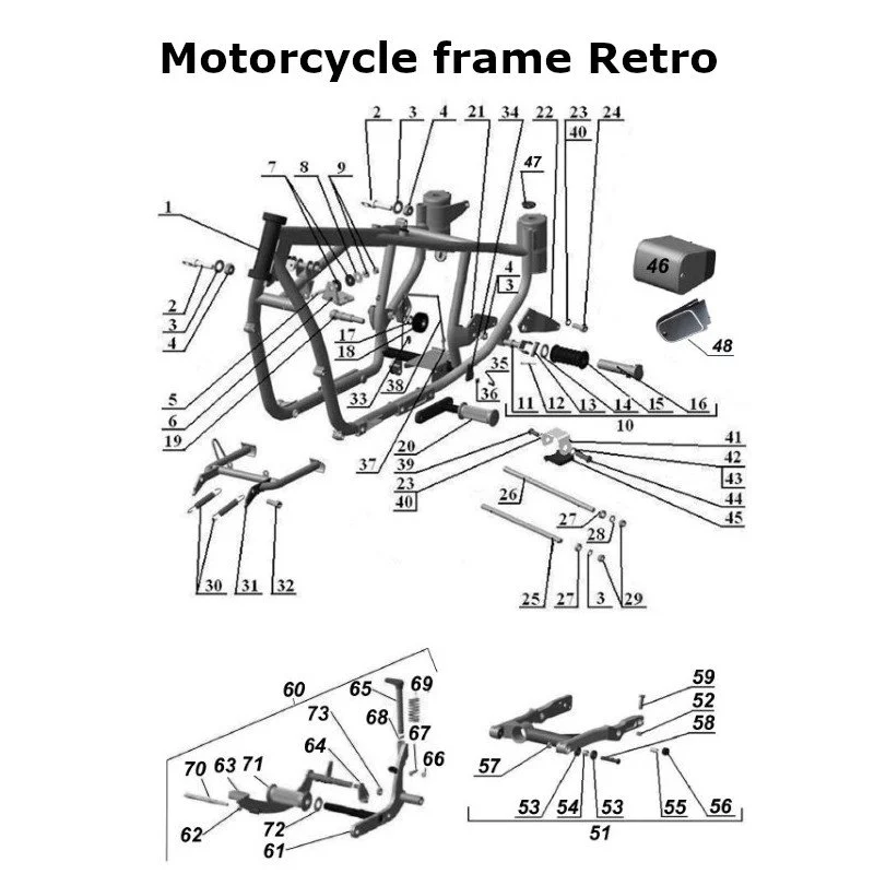 Motorcycle frame for the Ural Motorcycles sidecars with the carburetor engine.