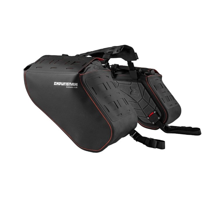 Sacoches de selle Blizzard 2 de 25L de la marque Enduristan pour le garde-boue compatible avec les side-cars de marque Ural Motorcycles