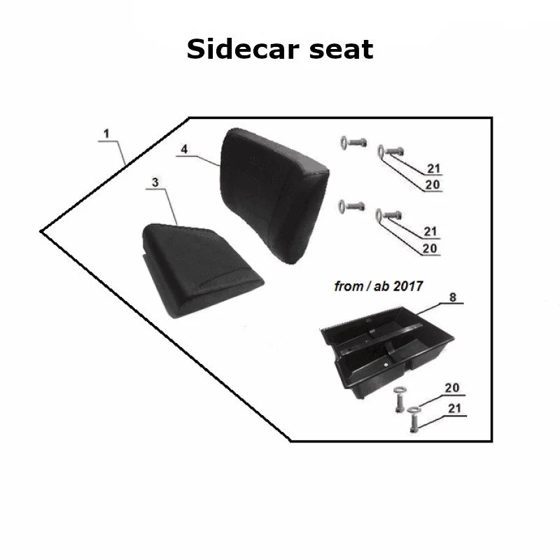 Diagram of the sidecar seat, original Ural Motorcycles spare part for sidecar via Moto Side Aventure (Ural sidecar dealer)