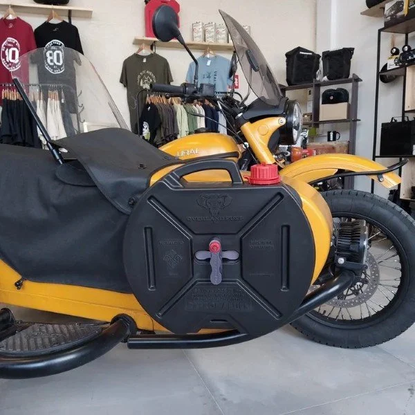 8.5 Liters Rounded Fuel Can black is an Overland accessory for Ural sidecars via Moto Side Aventure