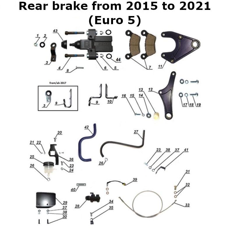 Diagram of the rear brake from 2015 to 2021 (Euro 5), original Ural Motorcycles spare part for sidecar via Moto Side Aventure (Ural sidecar dealer)