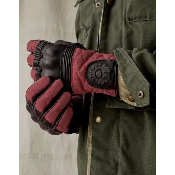 Belstaff Hampstead red/black mid-season waxed leather/cotton gloves, perfect for adventures on a Ural sidecar.