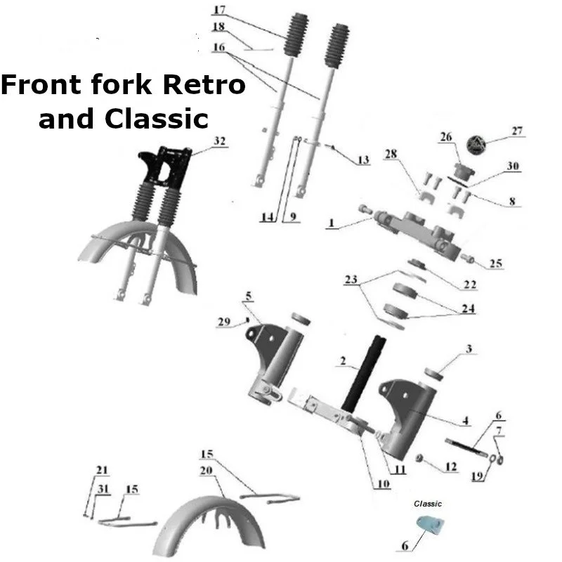 Diagram of the front fork Retro and Classic, original Ural Motorcycles spare part for sidecar via Moto Side Aventure (Ural sidecar dealer)