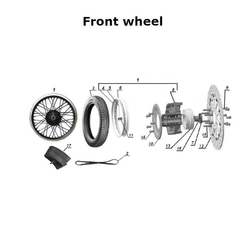 Diagram of the front wheel, original Ural Motorcycles spare part for sidecar via Moto Side Aventure (Ural sidecar dealer)