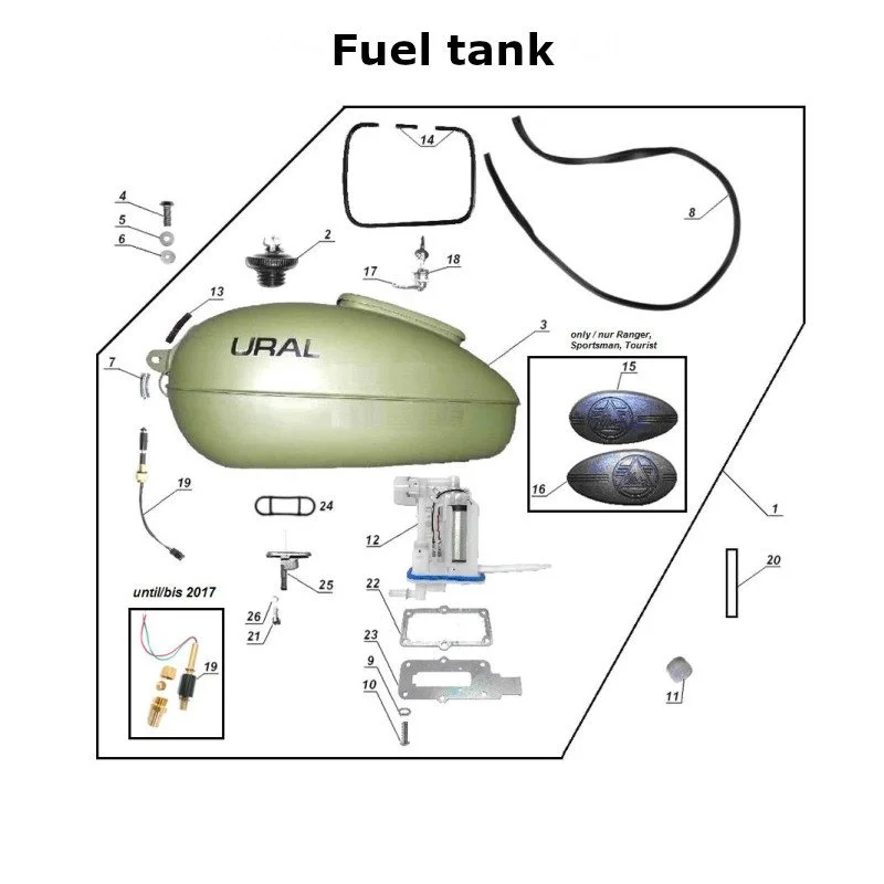 Fuel tank for Ural Motorcycles sidecars with an EFI injection engine